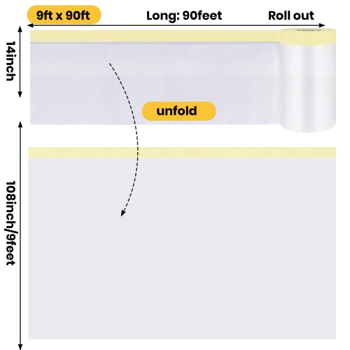TAPEBEAR Painters Tape and Masking Film 9feet x 90feet(2600mmx 27m), Plastic Cover for Painting, Tape and Drape, Pre-Tap