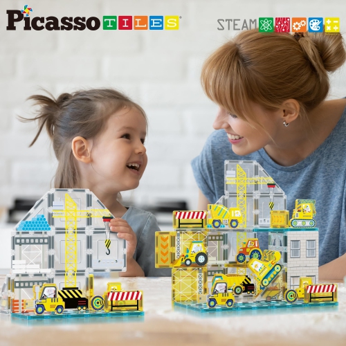 PicassoTiles Magnet Tile Building Block Set with 8 Construction Vehicles Crank Truck, Excavator, Bullsdozer, Road Roller