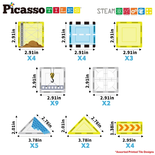 PicassoTiles Magnet Tile Building Block Set with 8 Construction Vehicles Crank Truck, Excavator, Bullsdozer, Road Roller