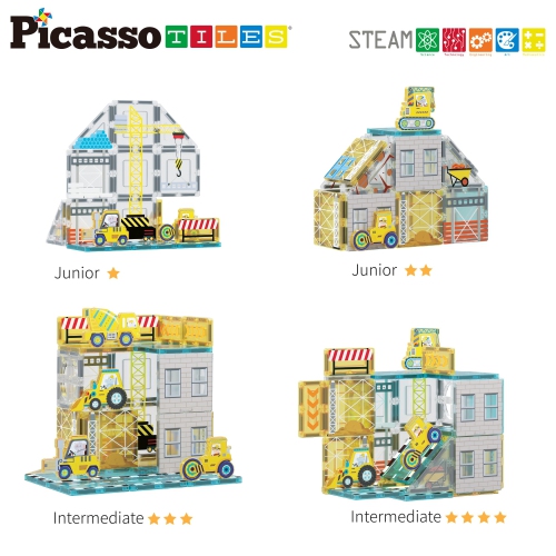 PicassoTiles Magnet Tile Building Block Set with 8 Construction Vehicles Crank Truck, Excavator, Bullsdozer, Road Roller