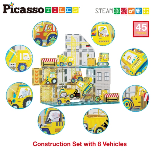 PicassoTiles Magnet Tile Building Block Set with 8 Construction Vehicles Crank Truck, Excavator, Bullsdozer, Road Roller