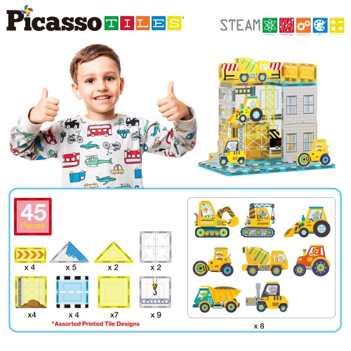 PicassoTiles Magnet Tile Building Block Set with 8 Construction Vehicles Crank Truck, Excavator, Bullsdozer, Road Roller
