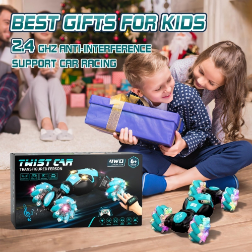 Gesture Sensing RC Stunt Car with Lights & Music for Kids 6-12 Years Old 4WD 2.4GHz Hand Controlled Remote Control Car D