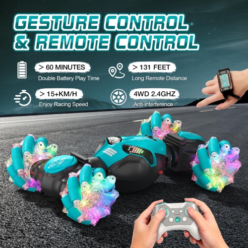 Gesture Sensing RC Stunt Car with Lights & Music for Kids 6-12 Years Old 4WD 2.4GHz Hand Controlled Remote Control Car D