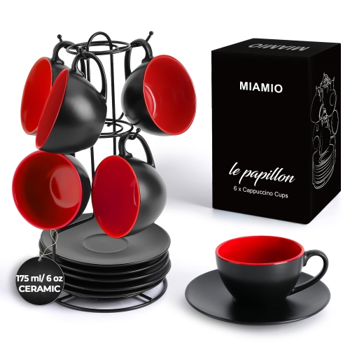 MIAMIO - Set of 6, Ceramic Stackable Cappuccino Cups Set / 175 ml Cappuccino Mugs and Saucer + Stand for Coffee Drinks,