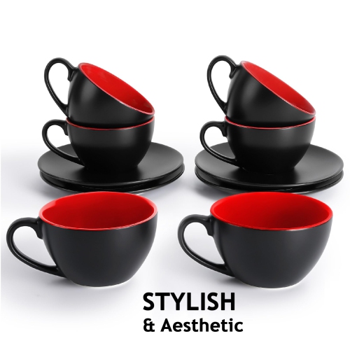 MIAMIO - Set of 6, Ceramic Stackable Cappuccino Cups Set / 175 ml Cappuccino Mugs and Saucer + Stand for Coffee Drinks,