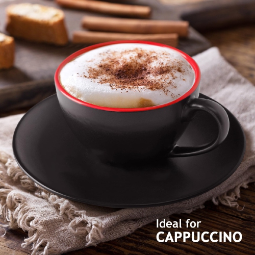 MIAMIO - Set of 6, Ceramic Stackable Cappuccino Cups Set / 175 ml Cappuccino Mugs and Saucer + Stand for Coffee Drinks,