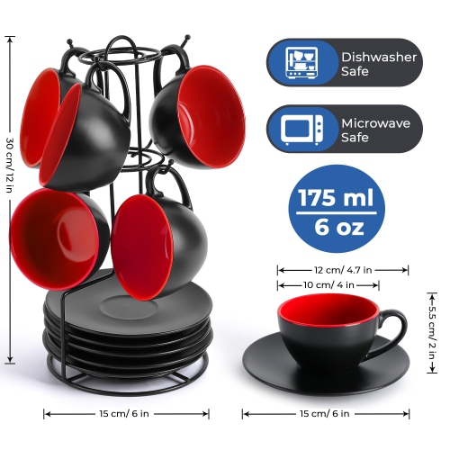 MIAMIO - Set of 6, Ceramic Stackable Cappuccino Cups Set / 175 ml Cappuccino Mugs and Saucer + Stand for Coffee Drinks,
