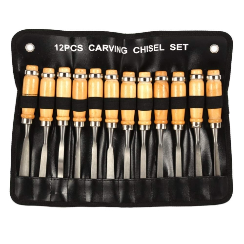 12 Pcs Professional Wood Handle Carving Chisels Tools, Woodworking Sculpting Wood Carving Chisel Set for DIY Art Craft C