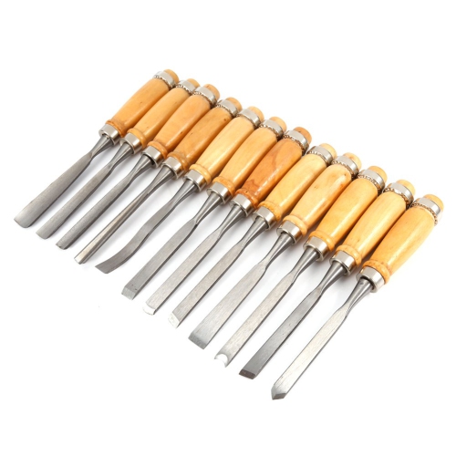 12 Pcs Professional Wood Handle Carving Chisels Tools, Woodworking Sculpting Wood Carving Chisel Set for DIY Art Craft C