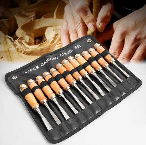 12 Pcs Professional Wood Handle Carving Chisels Tools, Woodworking Sculpting Wood Carving Chisel Set for DIY Art Craft C