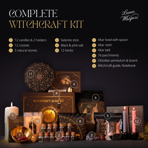 Lunar Whispers Large Witchcraft Kit 70 pcs - Premium Witch Kit for Beginners - Wiccan Supplies and Tools - Witch Stuff,