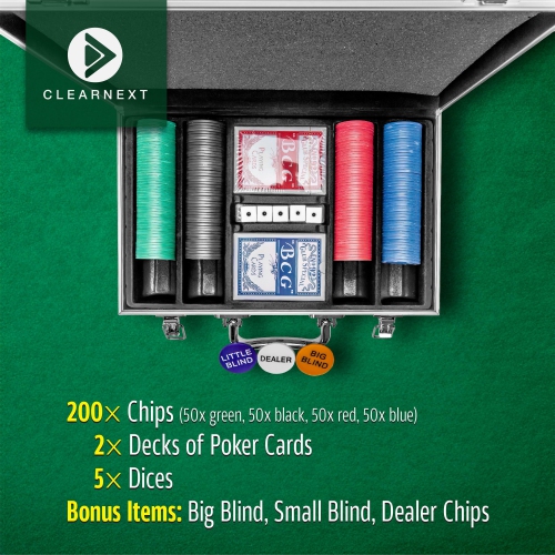 CLEARNEXT Casino Poker Chips Set - 200pcs with Aluminum Case Ideal for Casino Party Accessories for Blackjack, Texas Hol