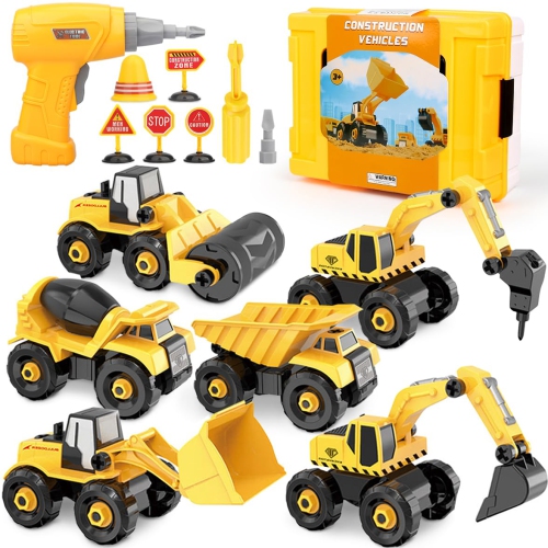 SANLEBI  Take Apart Truck Car Toys With Electric Drill - Diy Construction Vehicles Excavator Toy Set With Storage Box Building St