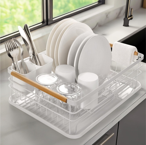 Navaris Dish Drainer Rack - Plate, Silverware, Pots and Pans - Dish Rack with Beechwood Handles - Metal Dish Drying Rack