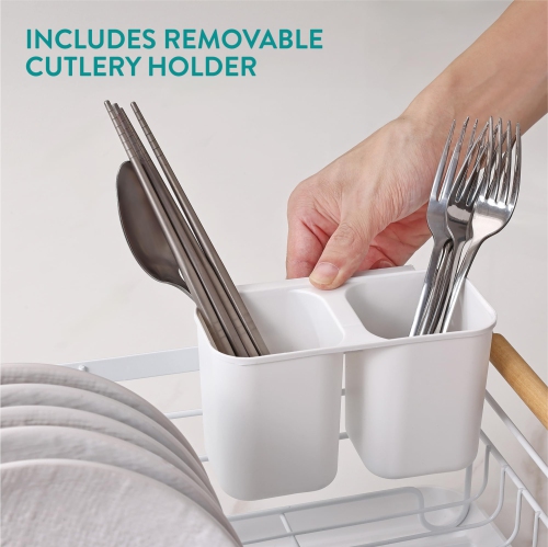 Navaris Dish Drainer Rack - Plate, Silverware, Pots and Pans - Dish Rack with Beechwood Handles - Metal Dish Drying Rack