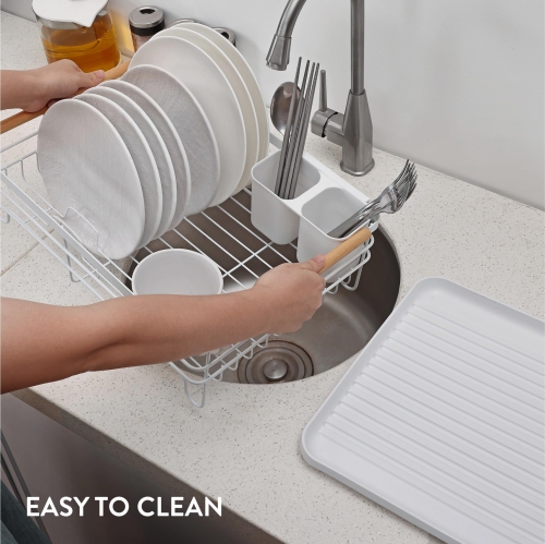 Navaris Dish Drainer Rack - Plate, Silverware, Pots and Pans - Dish Rack with Beechwood Handles - Metal Dish Drying Rack