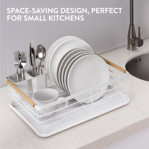 Navaris Dish Drainer Rack - Plate, Silverware, Pots and Pans - Dish Rack with Beechwood Handles - Metal Dish Drying Rack