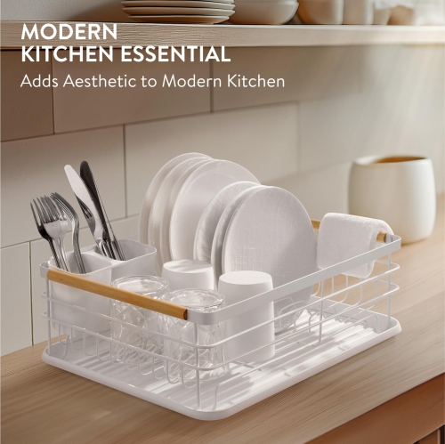 Navaris Dish Drainer Rack - Plate, Silverware, Pots and Pans - Dish Rack with Beechwood Handles - Metal Dish Drying Rack