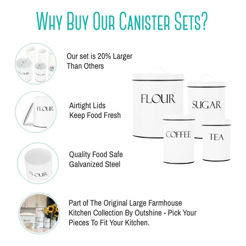 OUTSHINE Kitchen Canisters for Countertop Set of 4 | Farmhouse Canister Sets for Kitchen Counter White | Flour Sugar Cof