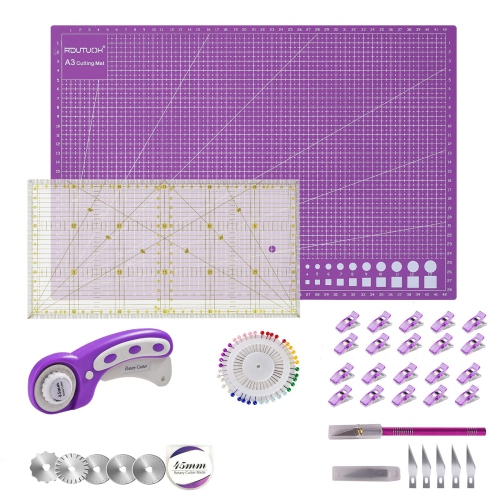 Rdutuok 45mm Rotary Cutter Set Quilting Kit, 5 Replacement Blades, A3 Cutting Mat(18X12"), Acrylic Ruler,Sewing Pins,Cus