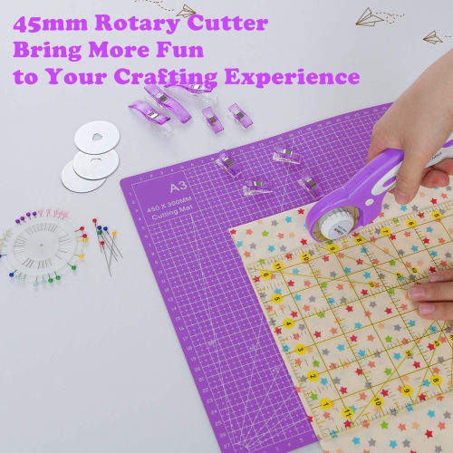 Rdutuok 45mm Rotary Cutter Set Quilting Kit, 5 Replacement Blades, A3 Cutting Mat(18X12"), Acrylic Ruler,Sewing Pins,Cus