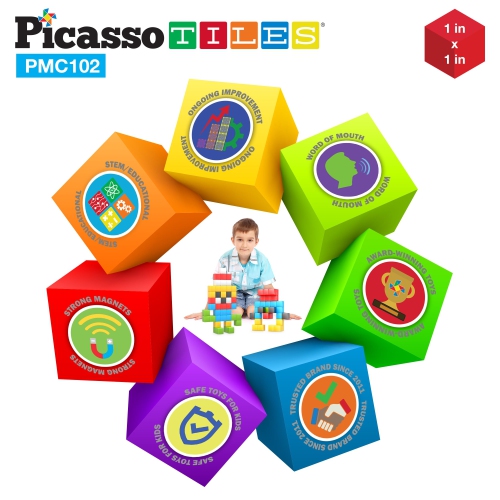 PicassoTiles 102 Pieces 1" Magnetic Toy Building Block Cubes Building Block, 3D Cube Construction Cubes Magnet Sensory T