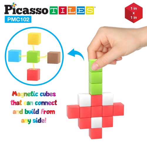 PicassoTiles 102 Pieces 1" Magnetic Toy Building Block Cubes Building Block, 3D Cube Construction Cubes Magnet Sensory T