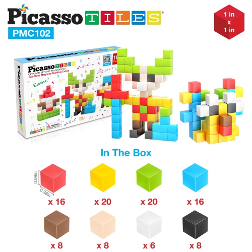PicassoTiles 102 Pieces 1" Magnetic Toy Building Block Cubes Building Block, 3D Cube Construction Cubes Magnet Sensory T