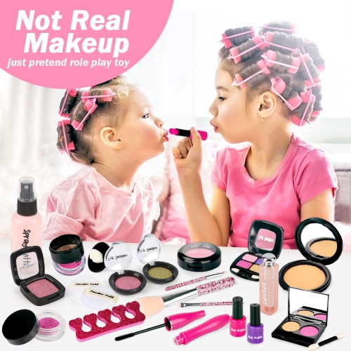 Kids Pretend Makeup Kit for Girl - Pretend Play Beauty Set with Cosmetics Bag Fake Makeup Princess Toys for Little Girls