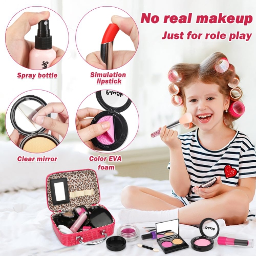 Kids Pretend Makeup Kit for Girl - Pretend Play Beauty Set with Cosmetics Bag Fake Makeup Princess Toys for Little Girls