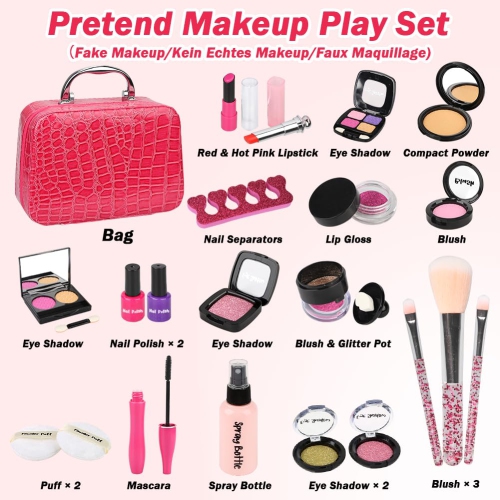 Kids Pretend Makeup Kit for Girl - Pretend Play Beauty Set with Cosmetics Bag Fake Makeup Princess Toys for Little Girls
