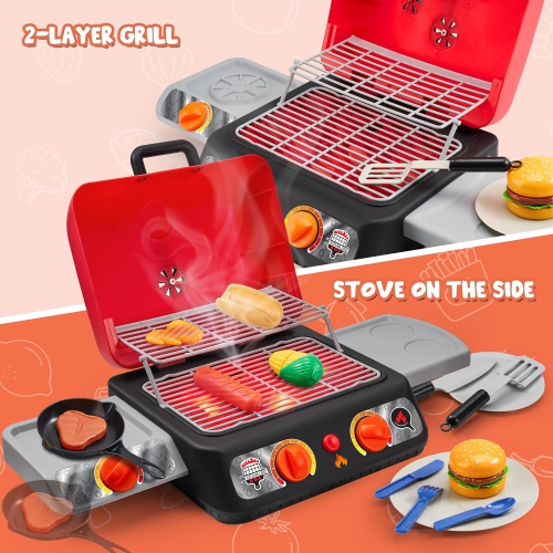 PLAY-ACT Extra Large 2-Layer BBQ Grill Playset with Pretend Smoke, Light, Sound & Color-Changing Food, Kitchen Toy Set,P