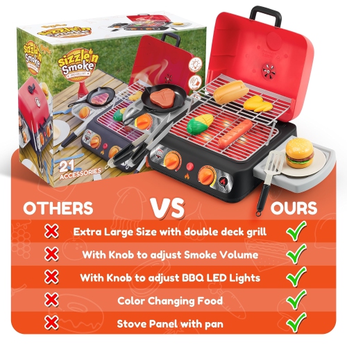PLAY-ACT Extra Large 2-Layer BBQ Grill Playset with Pretend Smoke, Light, Sound & Color-Changing Food, Kitchen Toy Set,P