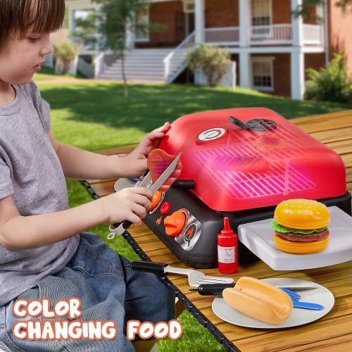 PLAY-ACT Extra Large 2-Layer BBQ Grill Playset with Pretend Smoke, Light, Sound & Color-Changing Food, Kitchen Toy Set,P