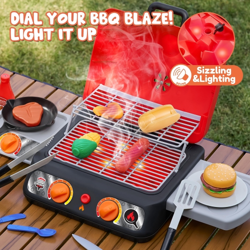 PLAY-ACT Extra Large 2-Layer BBQ Grill Playset with Pretend Smoke, Light, Sound & Color-Changing Food, Kitchen Toy Set,P