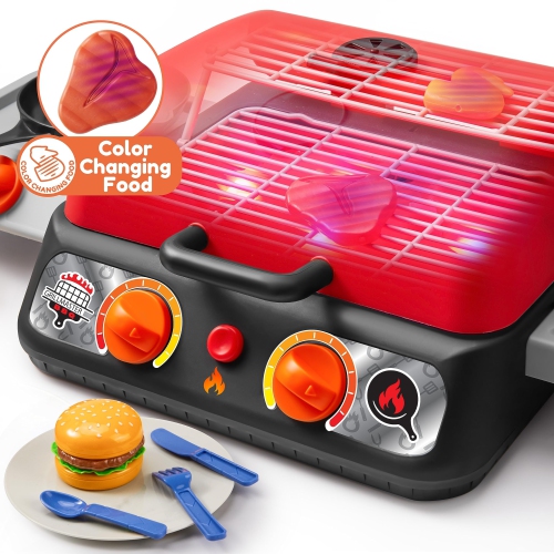 PLAY-ACT Extra Large 2-Layer BBQ Grill Playset with Pretend Smoke, Light, Sound & Color-Changing Food, Kitchen Toy Set,P