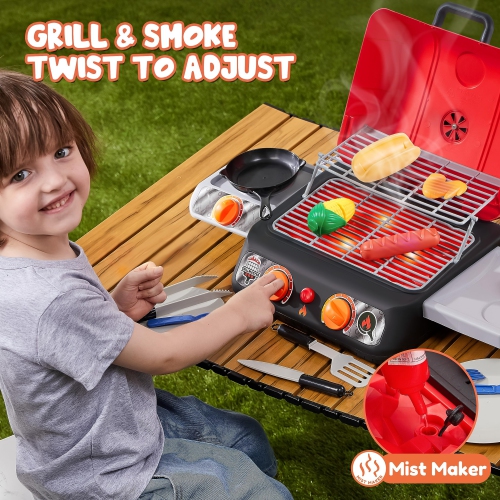 PLAY-ACT Extra Large 2-Layer BBQ Grill Playset with Pretend Smoke, Light, Sound & Color-Changing Food, Kitchen Toy Set,P
