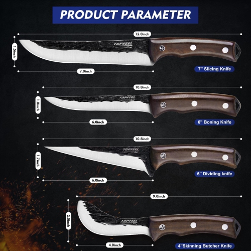 Ensemble de couteaux à boucher forgés à la main Topfeel 4 pièces - Couteau à trancher, Couteau à désosser, Couteau à diviser, Couteau à boucher à