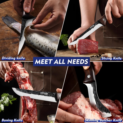 Ensemble de couteaux à boucher forgés à la main Topfeel 4 pièces - Couteau à trancher, Couteau à désosser, Couteau à diviser, Couteau à boucher à