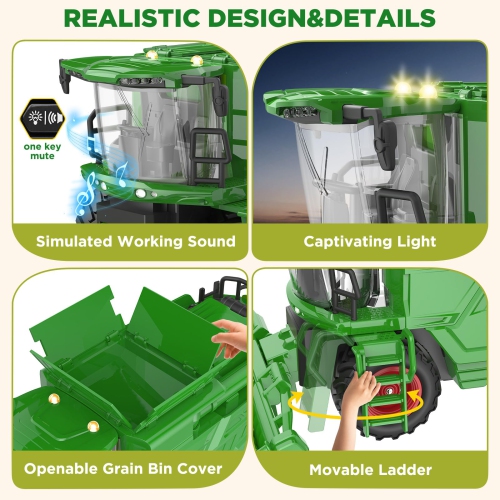 NOKA Remote Control Tractor - 1:24 Scale RC Combine Harvester Toy with Corn Head - Farm Truck Toys Green Vehicle with 2