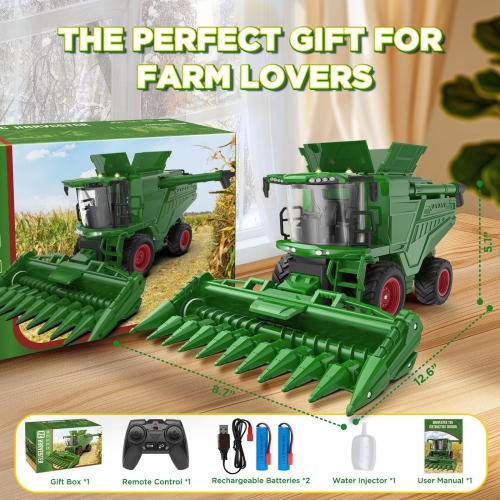 NOKA Remote Control Tractor - 1:24 Scale RC Combine Harvester Toy with Corn Head - Farm Truck Toys Green Vehicle with 2
