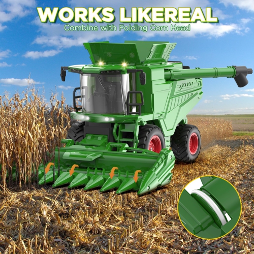NOKA Remote Control Tractor - 1:24 Scale RC Combine Harvester Toy with Corn Head - Farm Truck Toys Green Vehicle with 2