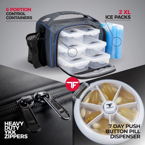 ThinkFit Insulated Meal Prep Lunch Box with 6 Food Portion Control Containers - BPA-Free, Reusable, Microwavable, Freeze