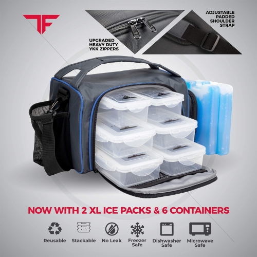 ThinkFit Insulated Meal Prep Lunch Box with 6 Food Portion Control Containers - BPA-Free, Reusable, Microwavable, Freeze