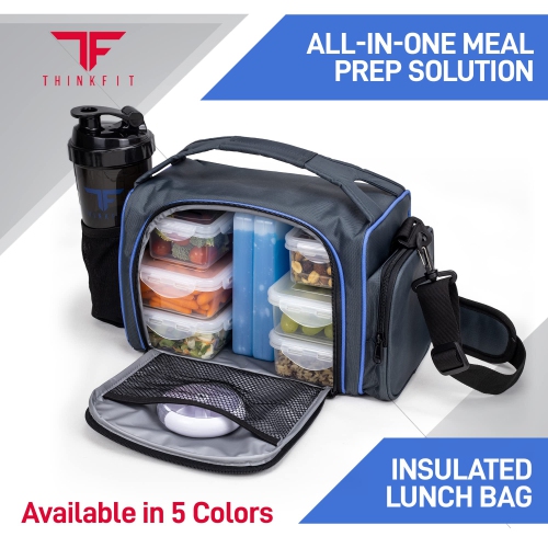 ThinkFit Insulated Meal Prep Lunch Box with 6 Food Portion Control Containers - BPA-Free, Reusable, Microwavable, Freeze