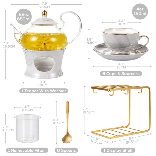 Ensemble de petit thé DUJUST pour adultes, texture marbré et bordure dorée, ensemble de thé en porcelaine gris artisanal pour enfants, 1 verre