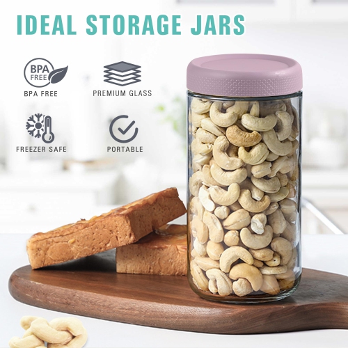 Wide Mouth Mason Jars, Round Glass Jar Overnight Oats Jars with Airtight Lids, Leak Proof Clear Glass Jars with Lid, Gla