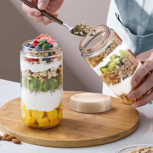 Wide Mouth Mason Jars, Round Glass Jar Overnight Oats Jars with Airtight Lids, Leak Proof Clear Glass Jars with Lid, Gla