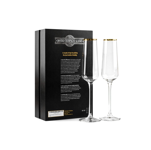 Gold Rim Champagne Gift Glasses | Set of 2 | Crystal Square Toasting Flutes for Bride and Groom, Wedding, Anniversary, B